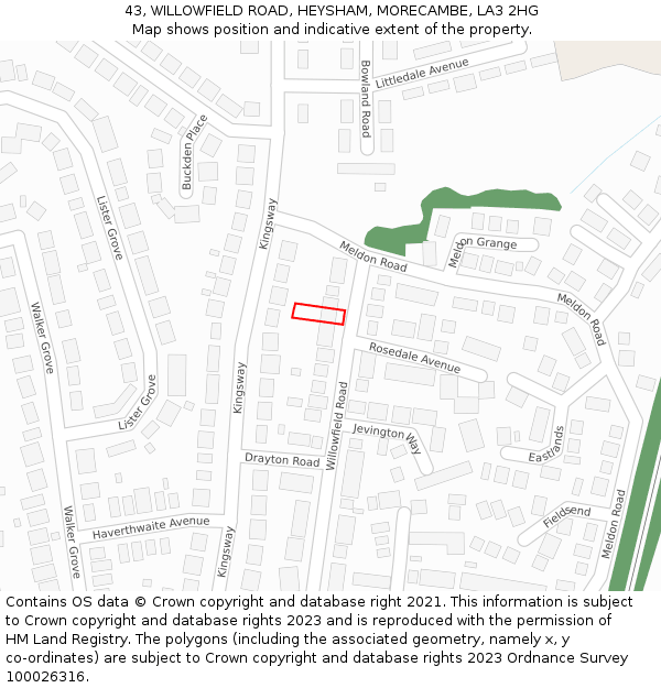 43, WILLOWFIELD ROAD, HEYSHAM, MORECAMBE, LA3 2HG: Location map and indicative extent of plot