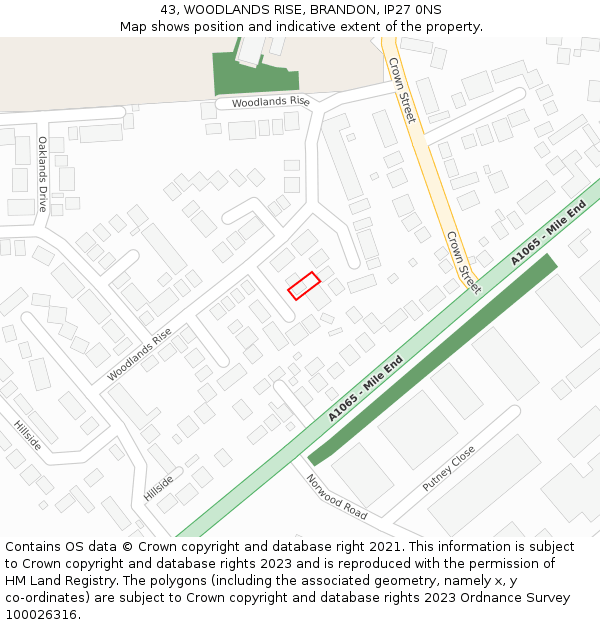 43, WOODLANDS RISE, BRANDON, IP27 0NS: Location map and indicative extent of plot