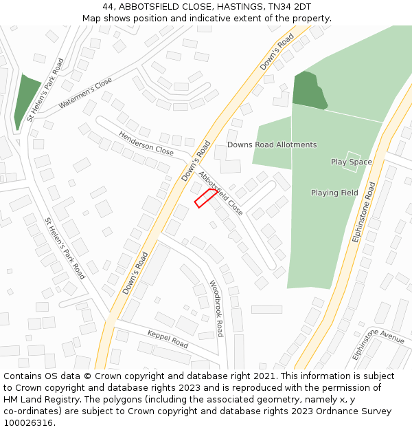 44, ABBOTSFIELD CLOSE, HASTINGS, TN34 2DT: Location map and indicative extent of plot