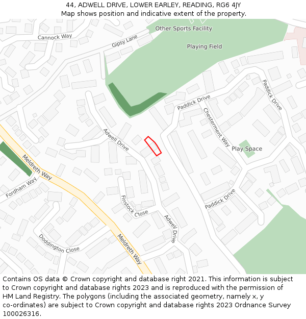 44, ADWELL DRIVE, LOWER EARLEY, READING, RG6 4JY: Location map and indicative extent of plot