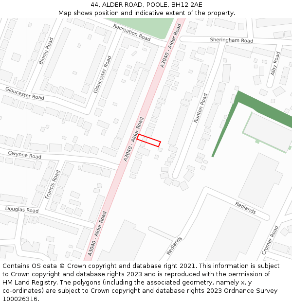 44, ALDER ROAD, POOLE, BH12 2AE: Location map and indicative extent of plot
