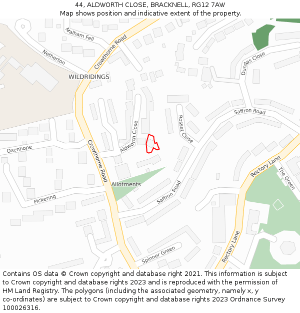 44, ALDWORTH CLOSE, BRACKNELL, RG12 7AW: Location map and indicative extent of plot