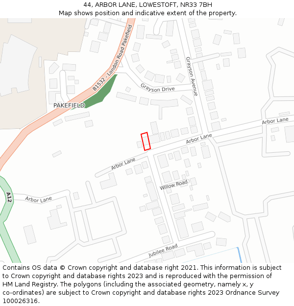 44, ARBOR LANE, LOWESTOFT, NR33 7BH: Location map and indicative extent of plot