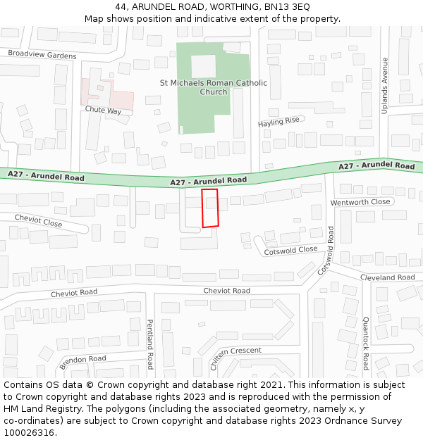 44, ARUNDEL ROAD, WORTHING, BN13 3EQ: Location map and indicative extent of plot