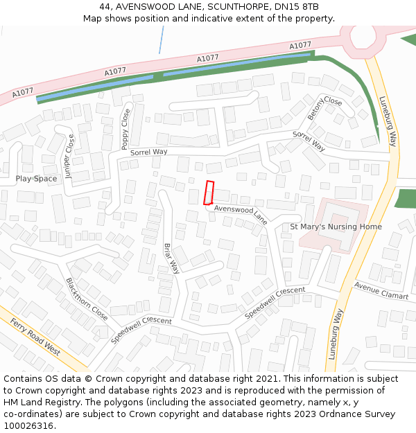 44, AVENSWOOD LANE, SCUNTHORPE, DN15 8TB: Location map and indicative extent of plot