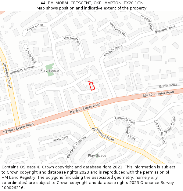 44, BALMORAL CRESCENT, OKEHAMPTON, EX20 1GN: Location map and indicative extent of plot