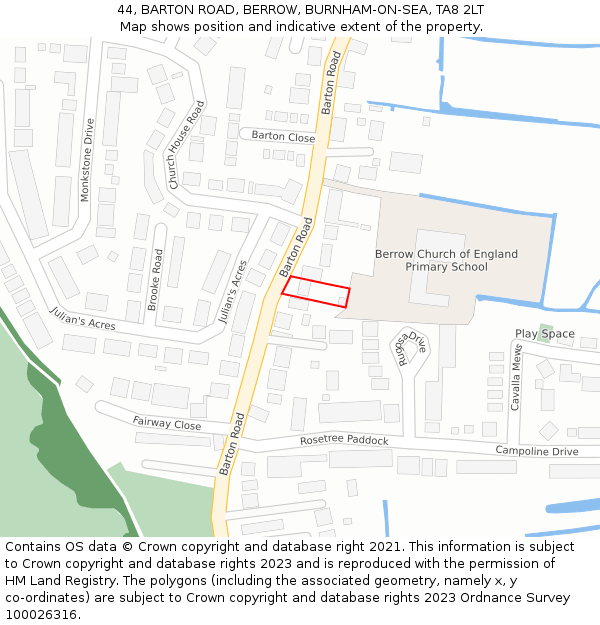 44, BARTON ROAD, BERROW, BURNHAM-ON-SEA, TA8 2LT: Location map and indicative extent of plot