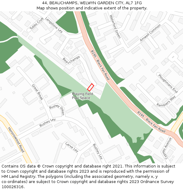 44, BEAUCHAMPS, WELWYN GARDEN CITY, AL7 1FG: Location map and indicative extent of plot