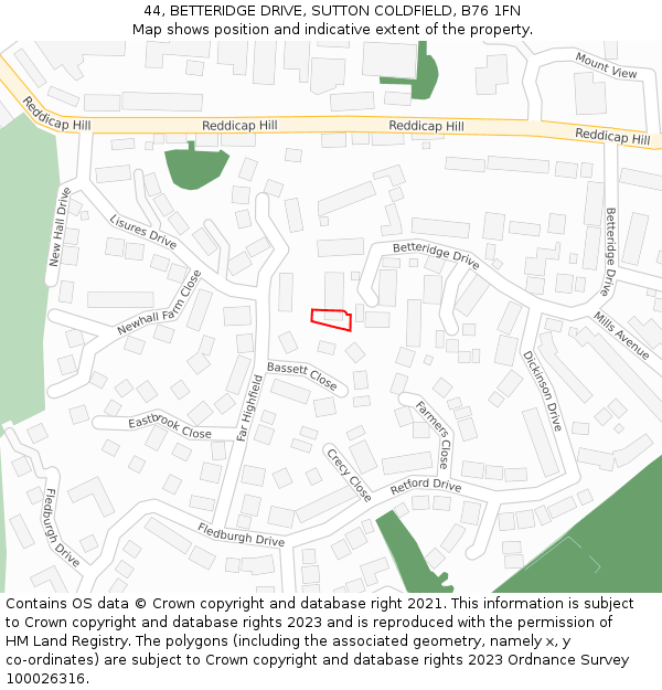 44, BETTERIDGE DRIVE, SUTTON COLDFIELD, B76 1FN: Location map and indicative extent of plot