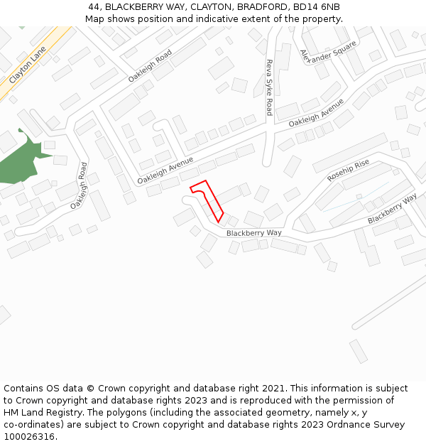 44, BLACKBERRY WAY, CLAYTON, BRADFORD, BD14 6NB: Location map and indicative extent of plot
