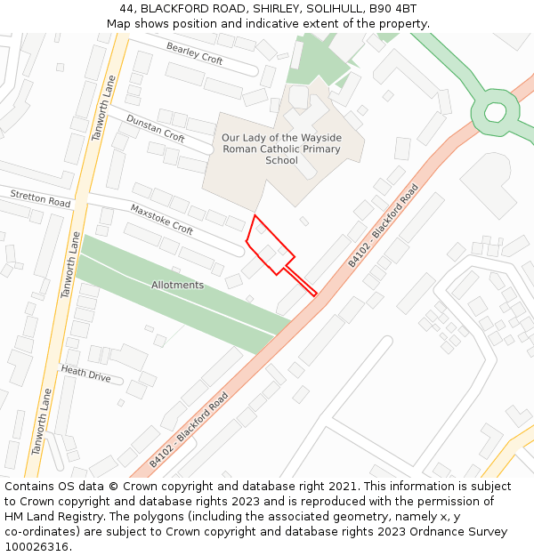 44, BLACKFORD ROAD, SHIRLEY, SOLIHULL, B90 4BT: Location map and indicative extent of plot