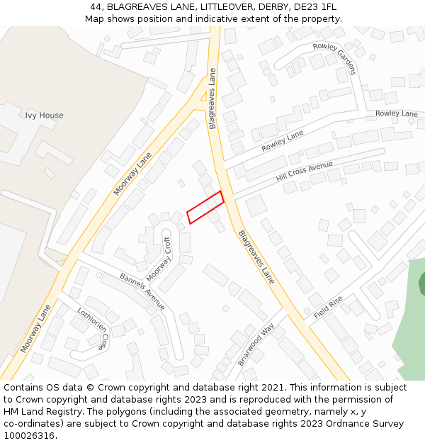 44, BLAGREAVES LANE, LITTLEOVER, DERBY, DE23 1FL: Location map and indicative extent of plot
