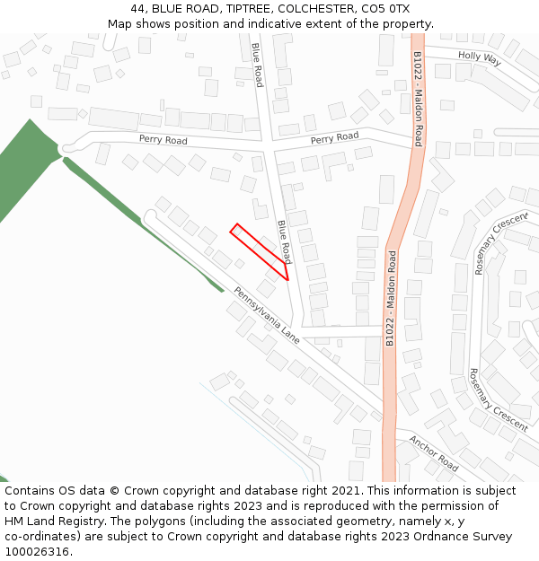 44, BLUE ROAD, TIPTREE, COLCHESTER, CO5 0TX: Location map and indicative extent of plot