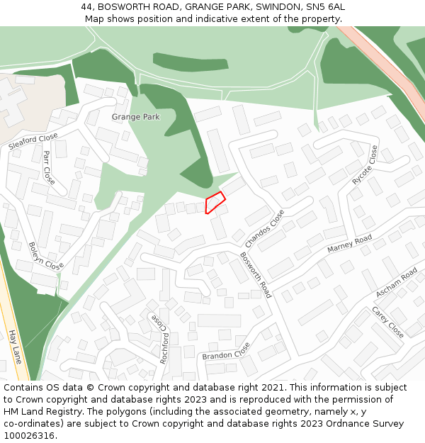 44, BOSWORTH ROAD, GRANGE PARK, SWINDON, SN5 6AL: Location map and indicative extent of plot