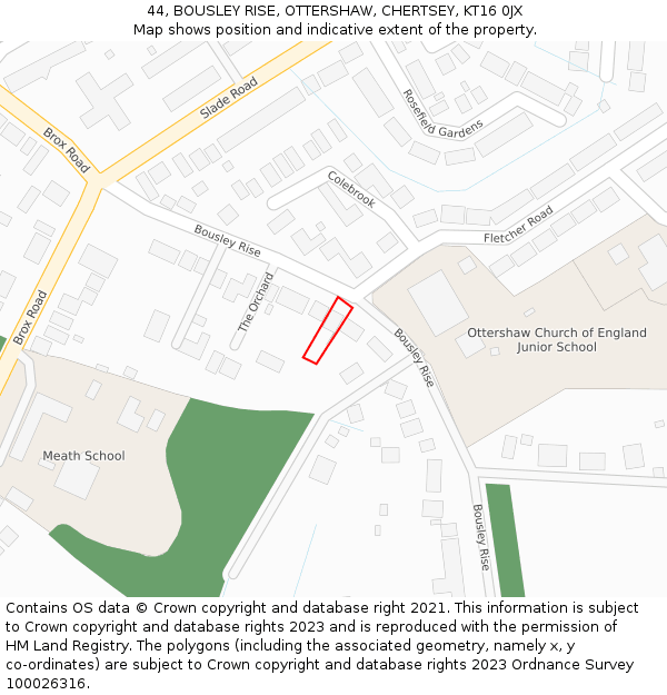 44, BOUSLEY RISE, OTTERSHAW, CHERTSEY, KT16 0JX: Location map and indicative extent of plot