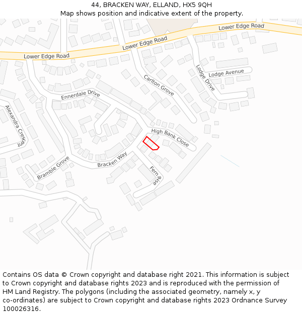 44, BRACKEN WAY, ELLAND, HX5 9QH: Location map and indicative extent of plot