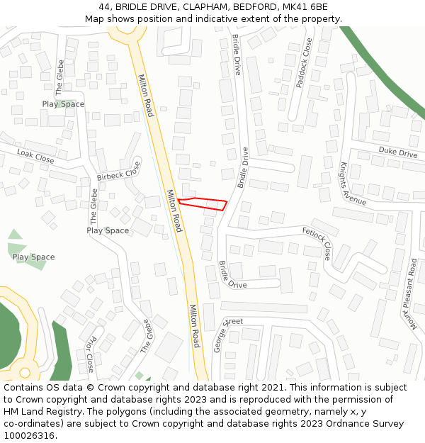 44, BRIDLE DRIVE, CLAPHAM, BEDFORD, MK41 6BE: Location map and indicative extent of plot