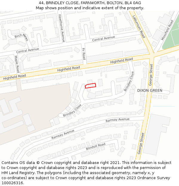 44, BRINDLEY CLOSE, FARNWORTH, BOLTON, BL4 0AG: Location map and indicative extent of plot
