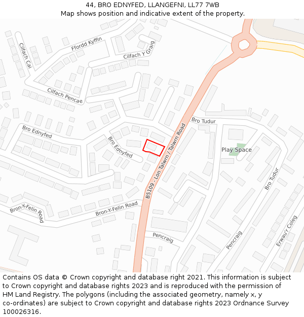 44, BRO EDNYFED, LLANGEFNI, LL77 7WB: Location map and indicative extent of plot