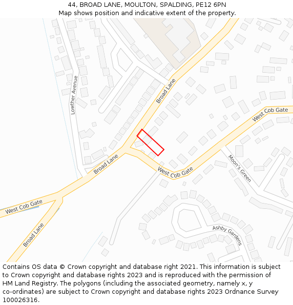 44, BROAD LANE, MOULTON, SPALDING, PE12 6PN: Location map and indicative extent of plot