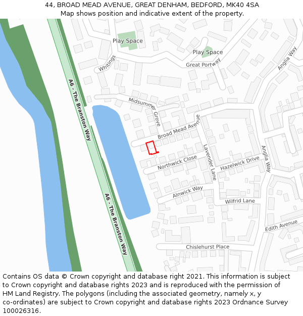 44, BROAD MEAD AVENUE, GREAT DENHAM, BEDFORD, MK40 4SA: Location map and indicative extent of plot