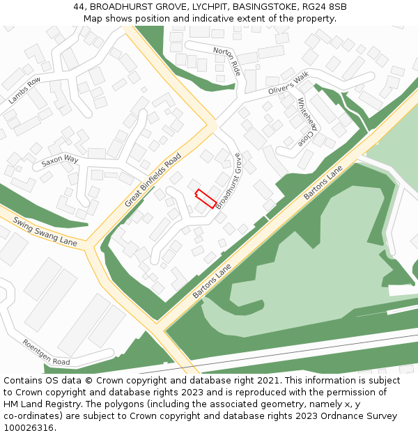44, BROADHURST GROVE, LYCHPIT, BASINGSTOKE, RG24 8SB: Location map and indicative extent of plot