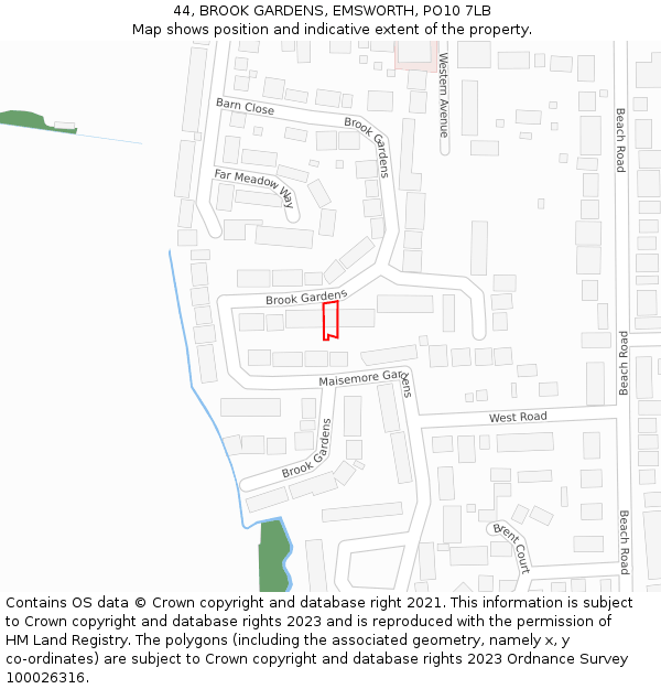 44, BROOK GARDENS, EMSWORTH, PO10 7LB: Location map and indicative extent of plot