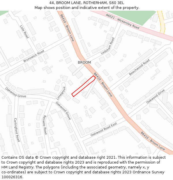 44, BROOM LANE, ROTHERHAM, S60 3EL: Location map and indicative extent of plot