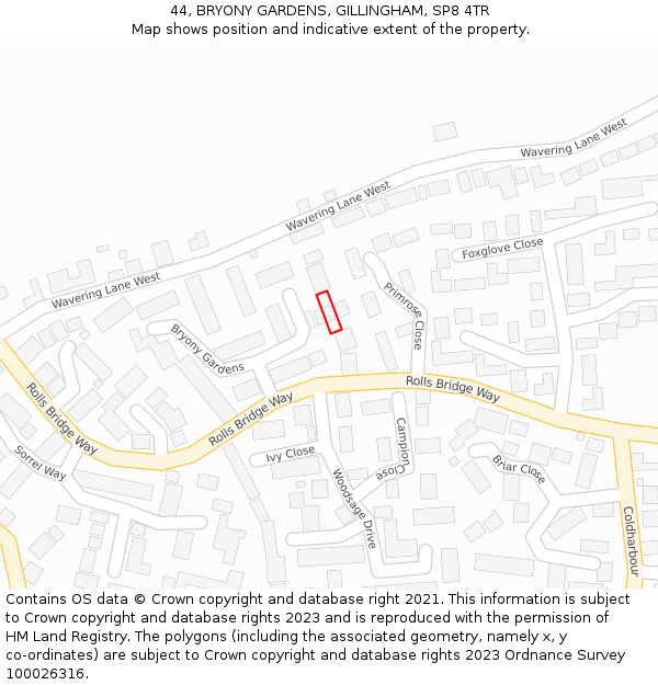 44, BRYONY GARDENS, GILLINGHAM, SP8 4TR: Location map and indicative extent of plot