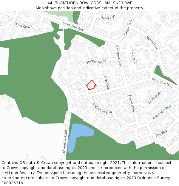 44, BUCKTHORN ROW, CORSHAM, SN13 9WE: Location map and indicative extent of plot