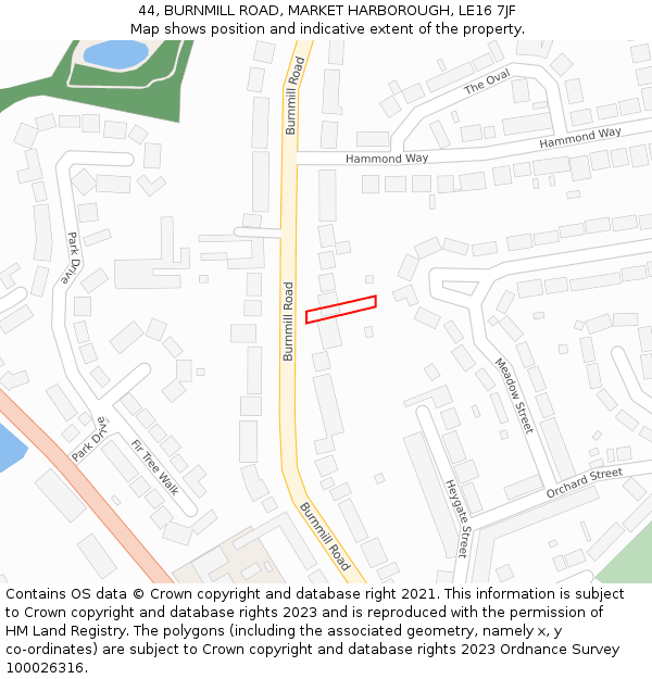 44, BURNMILL ROAD, MARKET HARBOROUGH, LE16 7JF: Location map and indicative extent of plot