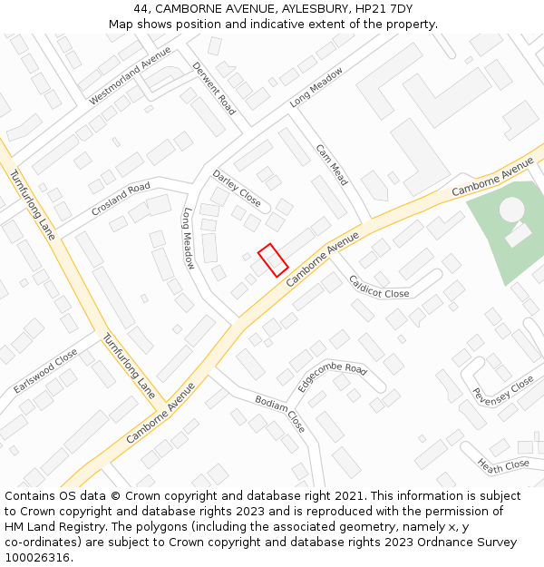 44, CAMBORNE AVENUE, AYLESBURY, HP21 7DY: Location map and indicative extent of plot