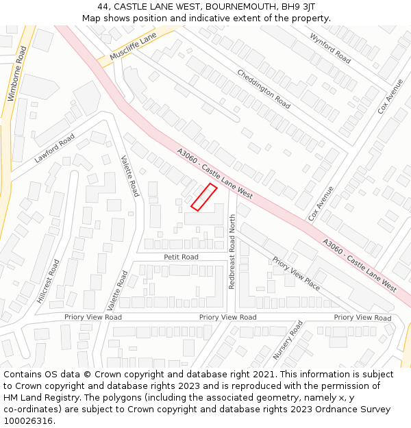 44, CASTLE LANE WEST, BOURNEMOUTH, BH9 3JT: Location map and indicative extent of plot