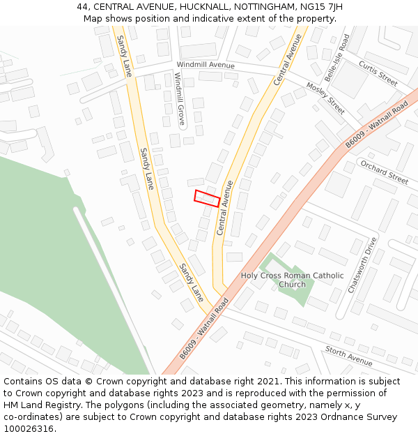 44, CENTRAL AVENUE, HUCKNALL, NOTTINGHAM, NG15 7JH: Location map and indicative extent of plot