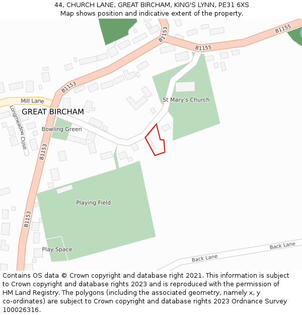 44, CHURCH LANE, GREAT BIRCHAM, KING'S LYNN, PE31 6XS: Location map and indicative extent of plot