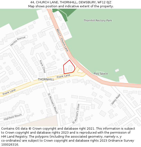 44, CHURCH LANE, THORNHILL, DEWSBURY, WF12 0JZ: Location map and indicative extent of plot