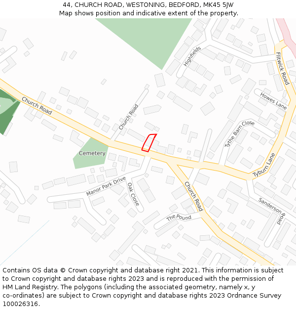 44, CHURCH ROAD, WESTONING, BEDFORD, MK45 5JW: Location map and indicative extent of plot