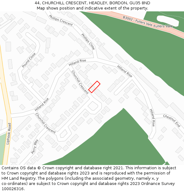 44, CHURCHILL CRESCENT, HEADLEY, BORDON, GU35 8ND: Location map and indicative extent of plot