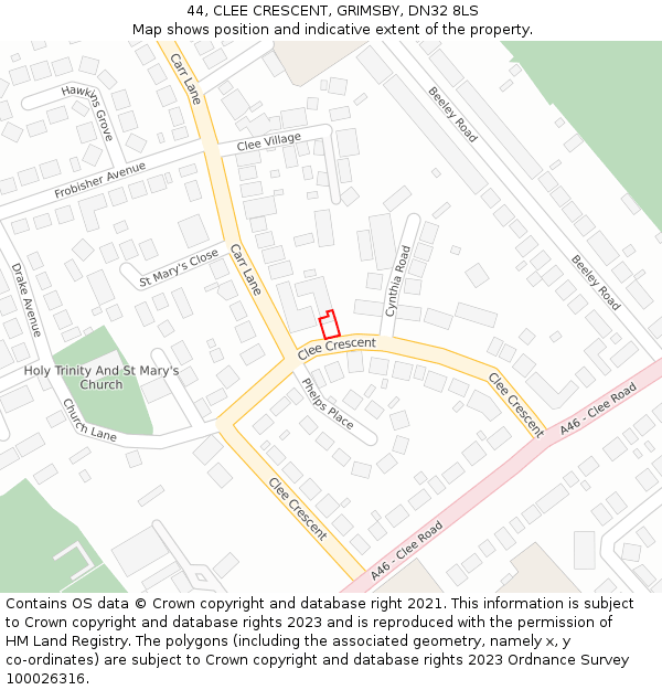 44, CLEE CRESCENT, GRIMSBY, DN32 8LS: Location map and indicative extent of plot