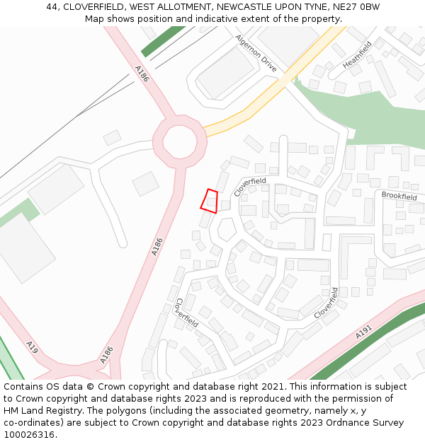 44, CLOVERFIELD, WEST ALLOTMENT, NEWCASTLE UPON TYNE, NE27 0BW: Location map and indicative extent of plot