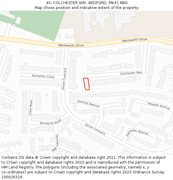 44, COLCHESTER WAY, BEDFORD, MK41 8BG: Location map and indicative extent of plot