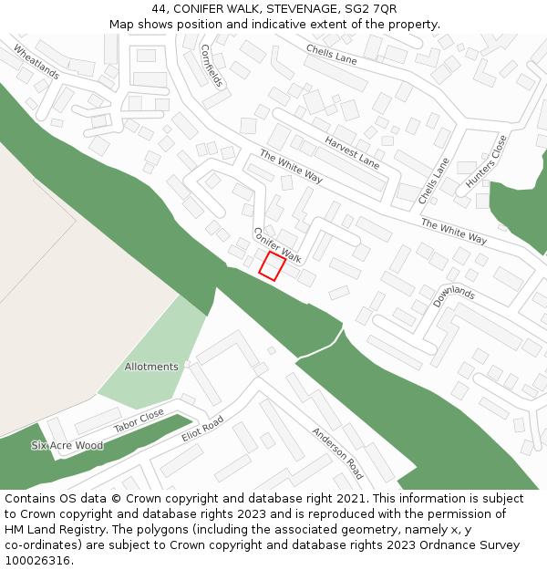 44, CONIFER WALK, STEVENAGE, SG2 7QR: Location map and indicative extent of plot