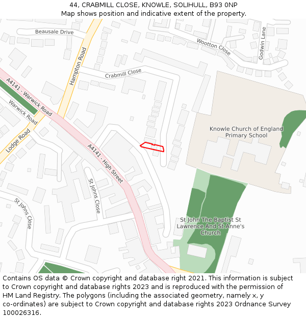 44, CRABMILL CLOSE, KNOWLE, SOLIHULL, B93 0NP: Location map and indicative extent of plot