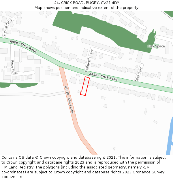 44, CRICK ROAD, RUGBY, CV21 4DY: Location map and indicative extent of plot