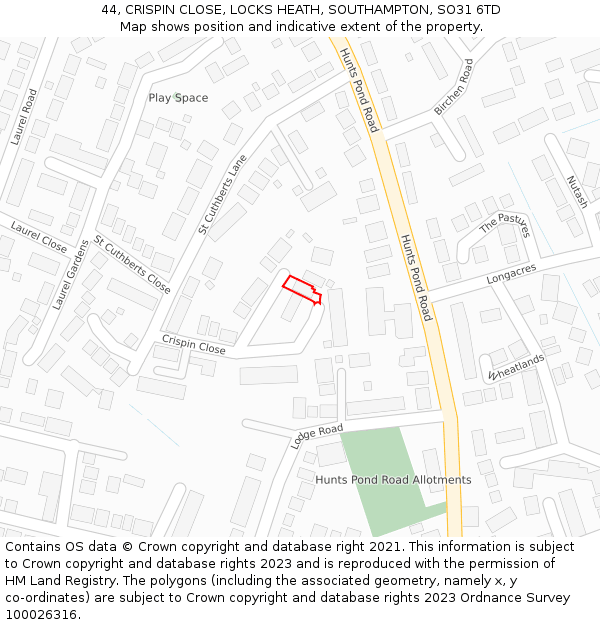 44, CRISPIN CLOSE, LOCKS HEATH, SOUTHAMPTON, SO31 6TD: Location map and indicative extent of plot