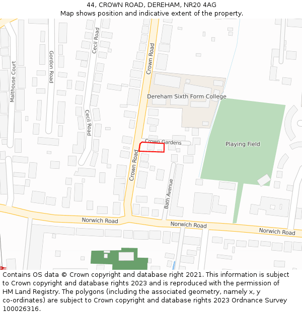 44, CROWN ROAD, DEREHAM, NR20 4AG: Location map and indicative extent of plot