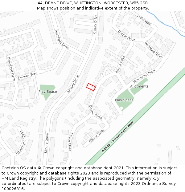 44, DEANE DRIVE, WHITTINGTON, WORCESTER, WR5 2SR: Location map and indicative extent of plot