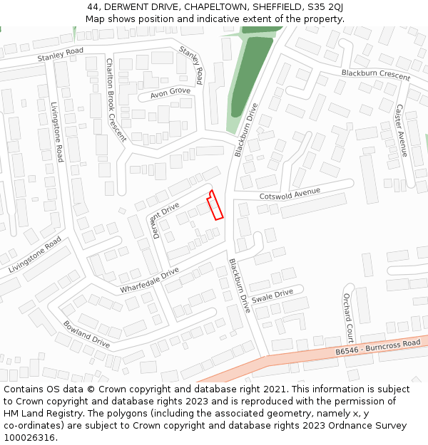 44, DERWENT DRIVE, CHAPELTOWN, SHEFFIELD, S35 2QJ: Location map and indicative extent of plot