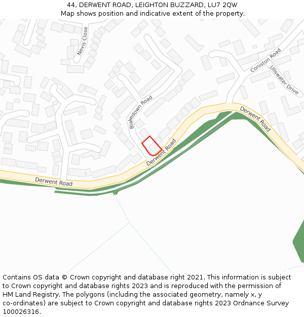 44, DERWENT ROAD, LEIGHTON BUZZARD, LU7 2QW: Location map and indicative extent of plot