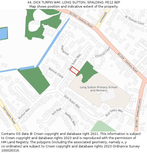 44, DICK TURPIN WAY, LONG SUTTON, SPALDING, PE12 9EP: Location map and indicative extent of plot